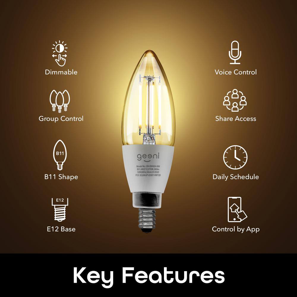 Geeni 40-Watt Equivalent Wi-Fi Smart B11 Vintage Edison Filament Dimmable LED Light Bulb White (4-Pack)