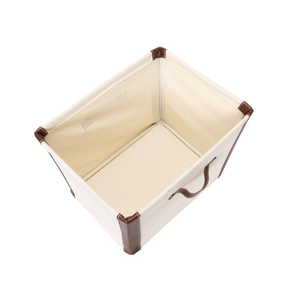 HOUSEHOLD ESSENTIALS 16x11x12 Ivory Canvas Cube Storage Bin with Vegan Leather Trim