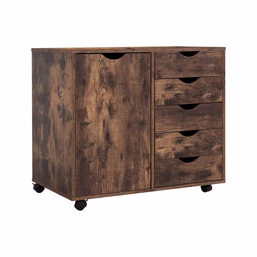 None Rustic Brown 5 Drawer with Shelf 30.7 in W x 15.7 in D x 26.3 in H Wooden File Cabinets Vertical File Cabinet