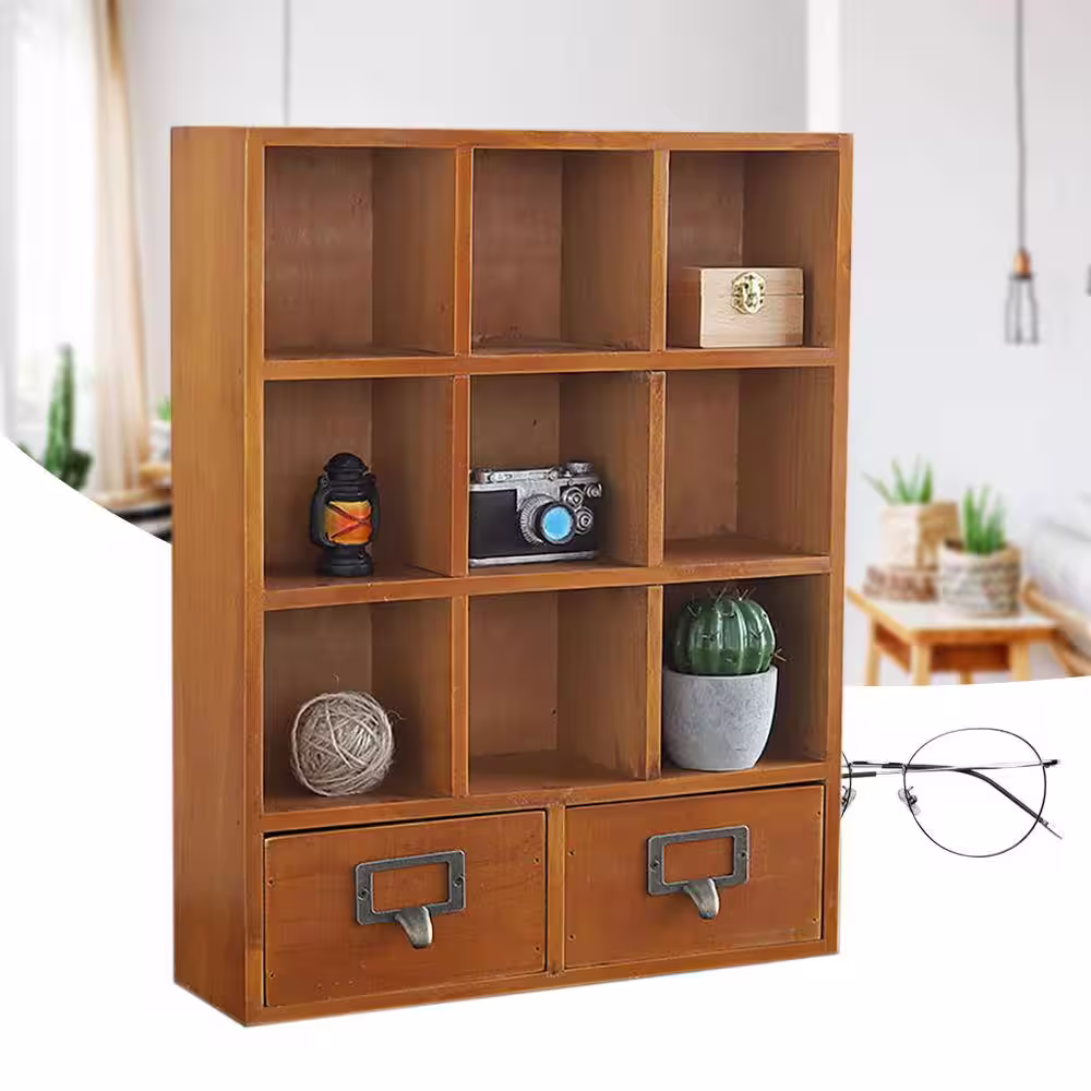 YIYIBYUS Brown Wooden Shelf with 2 Drawers Desktop Storage 9-Cube Organizer