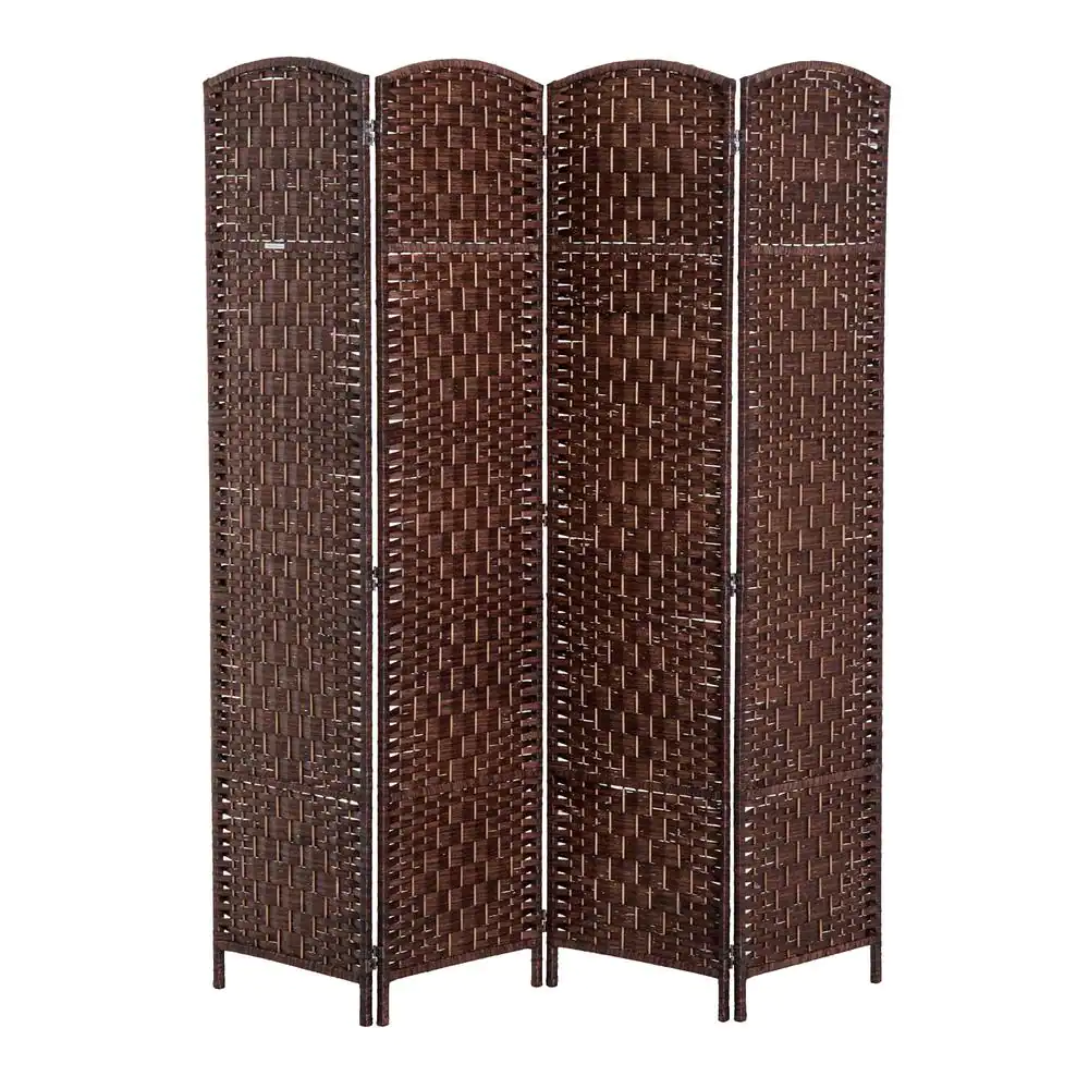 HOMCOM 6 in. Tall Chestnut Brown Wicker Weave 4-Panel Room Divider Privacy Screen