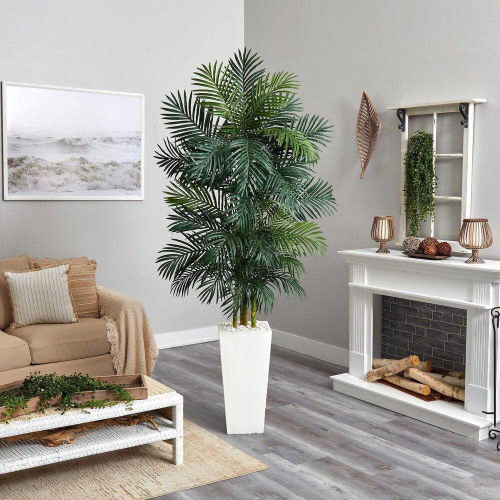 Nearly Natural Indoor Golden Cane Palm Artificial Tree in White Tower Planter