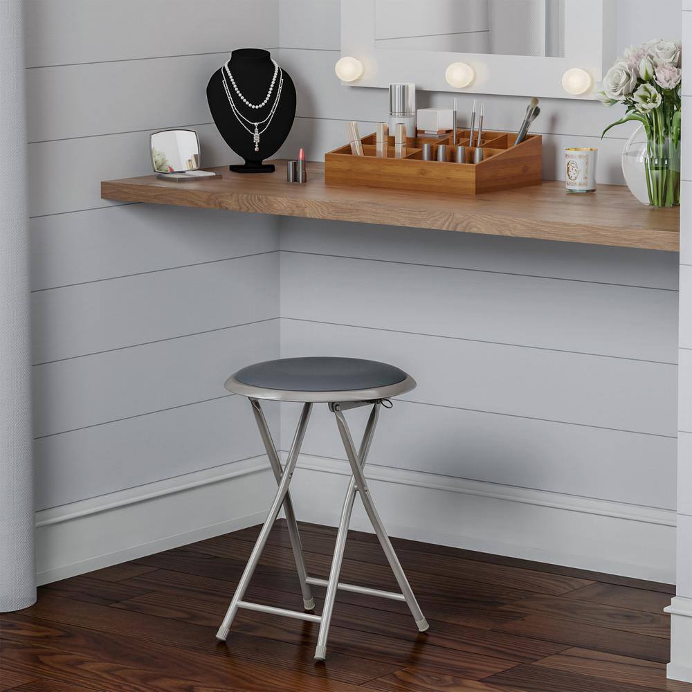 Trademark Home 18 in. Gray Round Metal Heavy-Duty Padded Folding Bar Stool