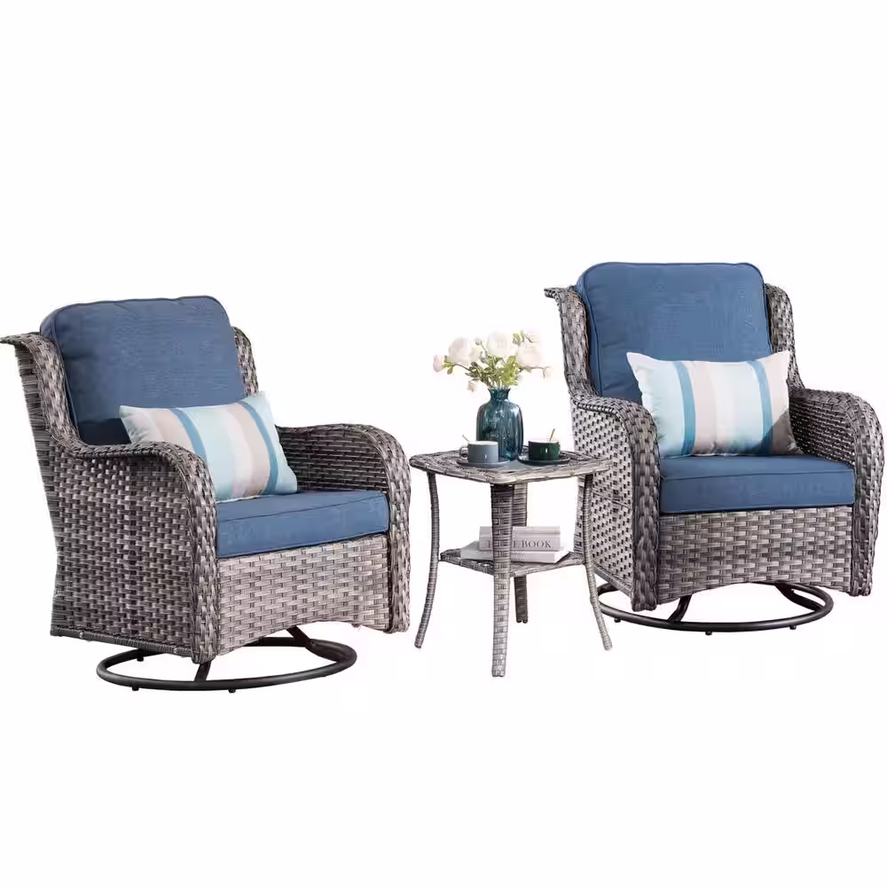XIZZI Moonlight Gray 3-Piece Wicker Patio Conversation Seating Sofa Set with Denim Blue Cushions and Swivel Rocking Chairs