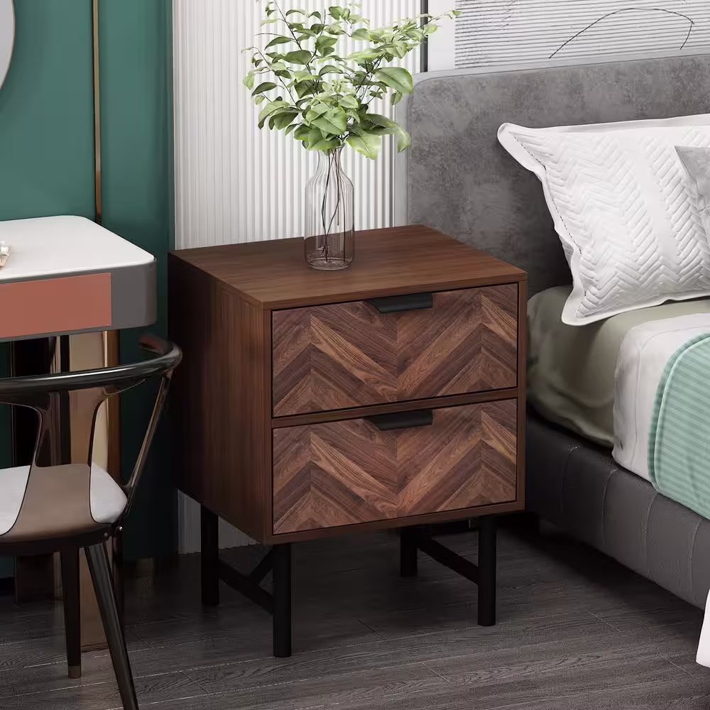 FUFU&GAGA 2-Drawer Brown Wood Nightstand With Metal Legs, Side Table Bedside Table 24 in. H x 18.9 in. W x 15.7 in. D