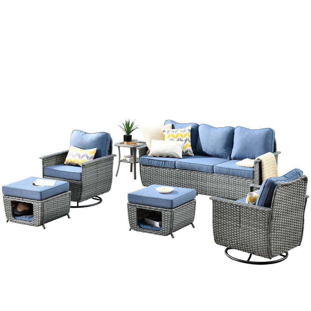 OVIOS Fortune Dark Gray 6-Piece Wicker Outdoor Patio Conversation Set with Denim Blue Cushions and Swivel Chairs