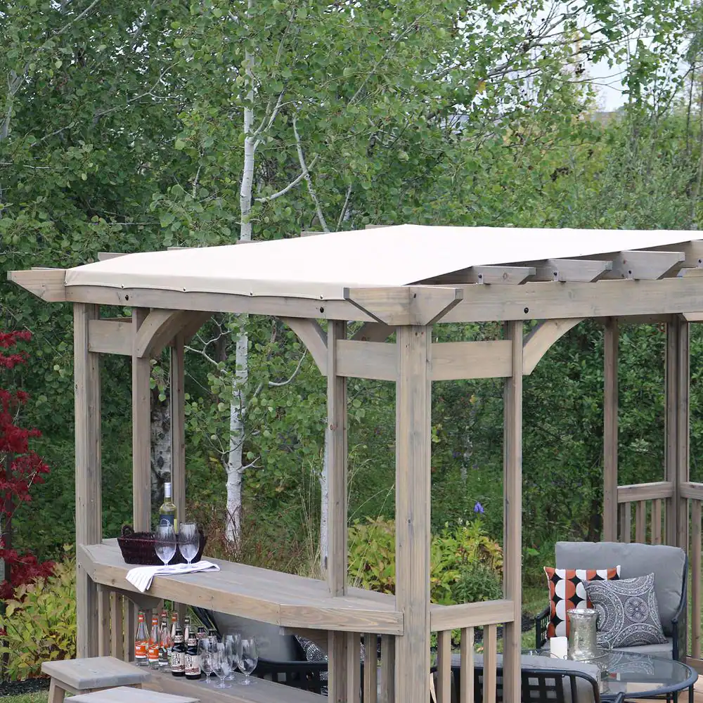 Yardistry Madison 10 ft. x 14 ft. Timber Gray Cedar Wood Backyard Patio Pergola Including UV Sun Shade, Counter, Bar and 2 Stools