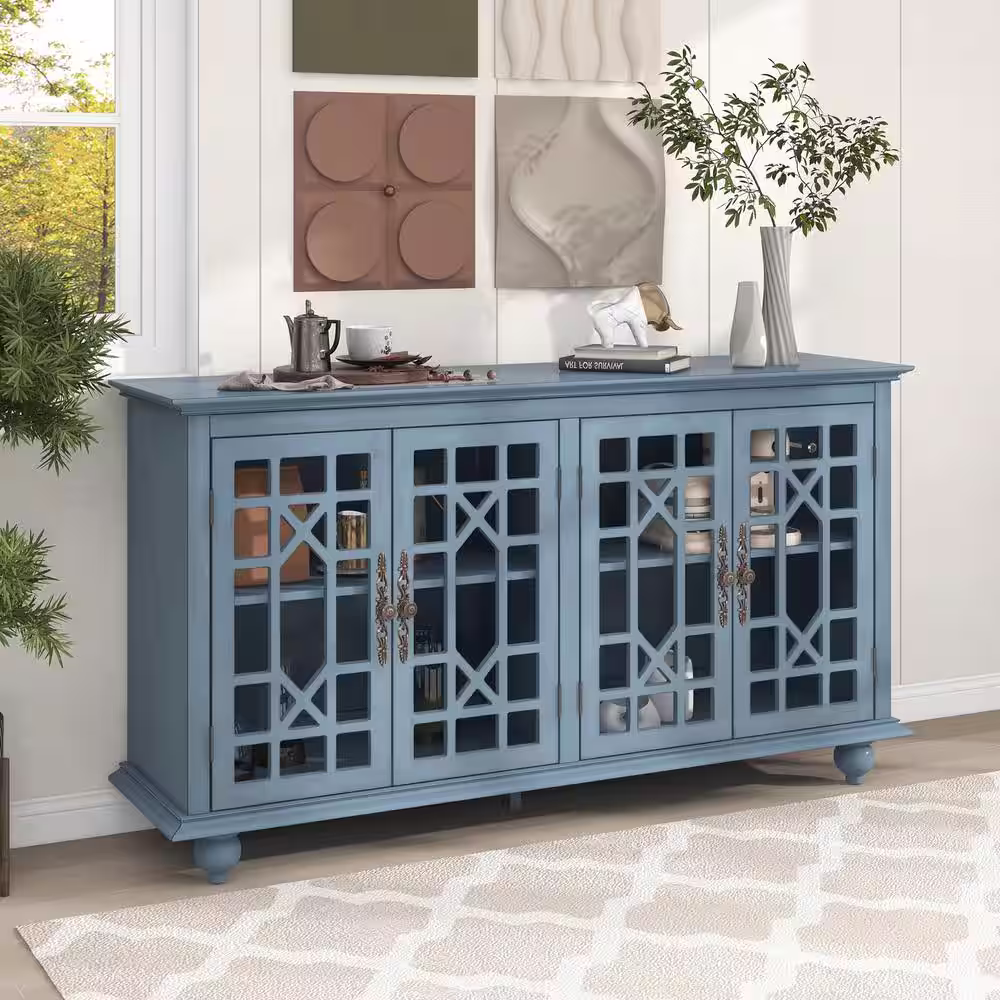 None Teal Blue Wood Storage Cabinet with Adjustable Shelves, Metal Handles, and 4-Doors, Console Table for Hallway
