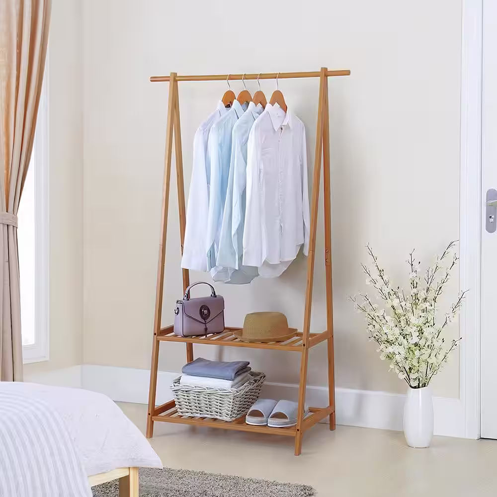 None Natural Bamboo Garment Clothes Rack with Shelves 35.4 in. W x 60.2 in. H
