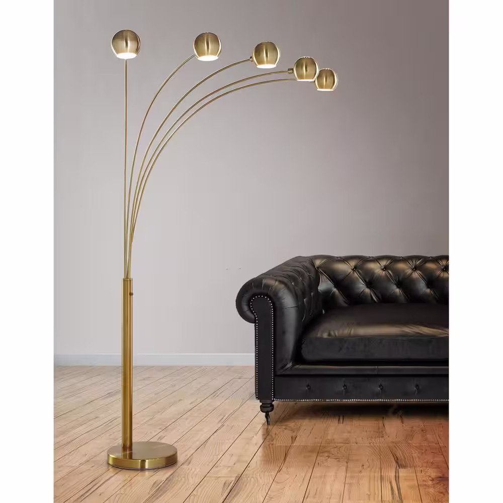 HomeGlam Orbs 84 in. Antique Brass Finish 5-Light Dimmable Arch Floor Lamp