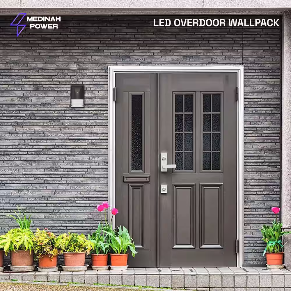 MEDINAH POWER 150-Watt Equivalent Integrated LED Bronze Overdoor Wallpack Light, 3000 Lumens, 4000K Bright white light, Dusk-to-Dawn