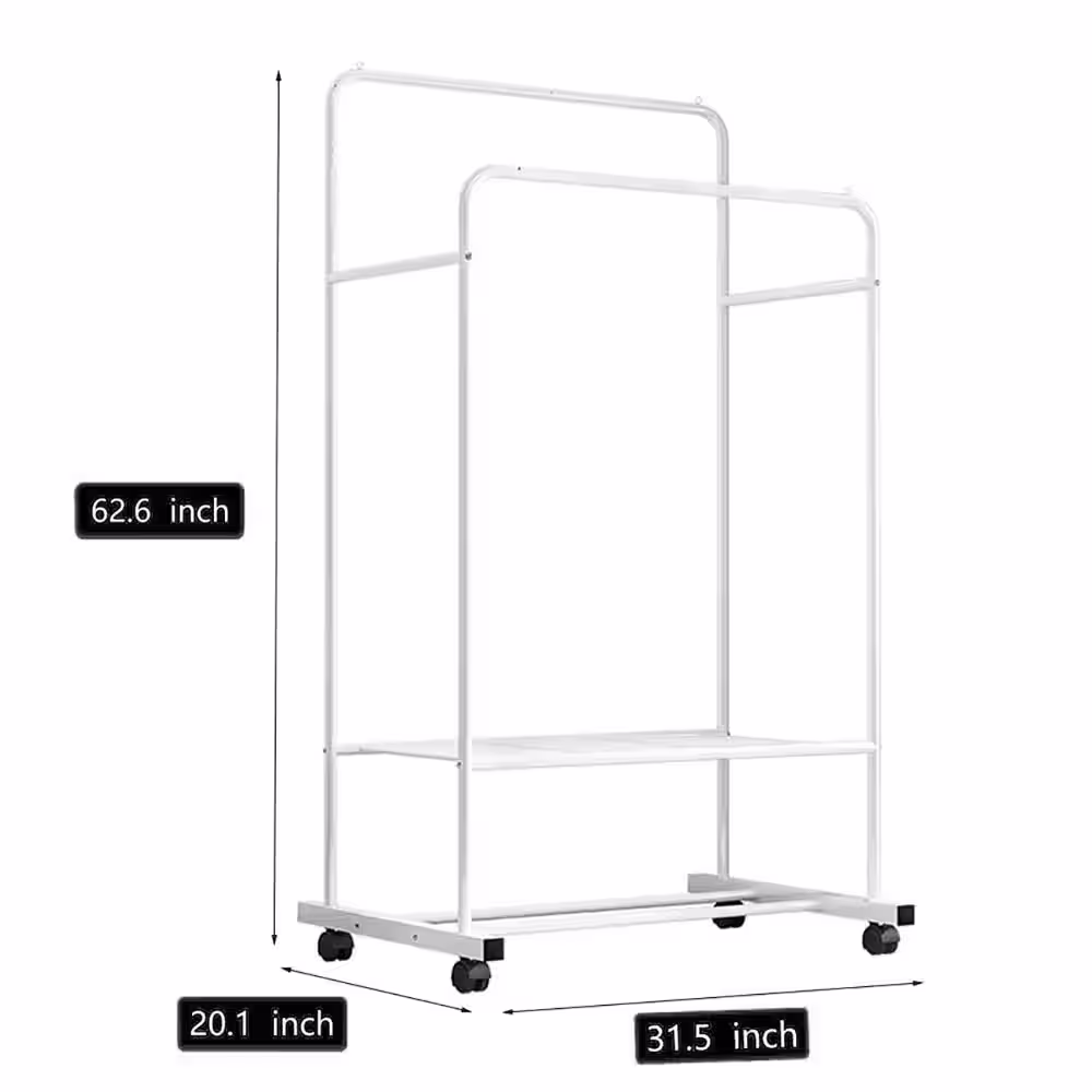 None White Steel Garment Clothes Rack Double Rods 31.5 in. W x 62.6 in. H