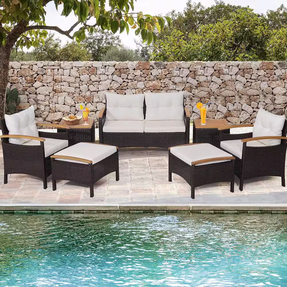 Costway 7-Piece Patio Rattan Furniture Set Cushion Armrest Loveseat Ottoman Table in Off White