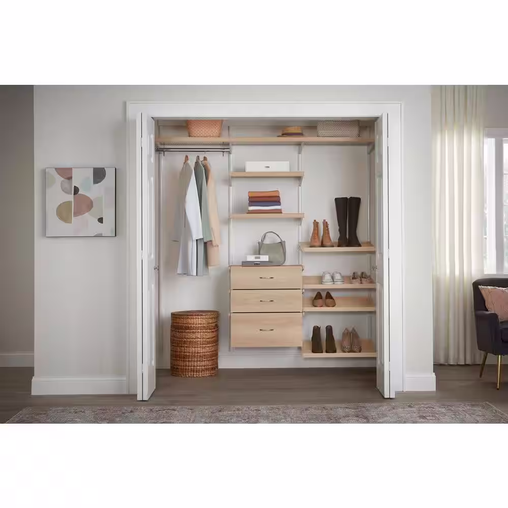 Everbilt Genevieve 6 ft. Birch Adjustable Closet Organizer Long Hanging Rod with 3 Shelves, 4 Shoe Racks, and 3 Drawers