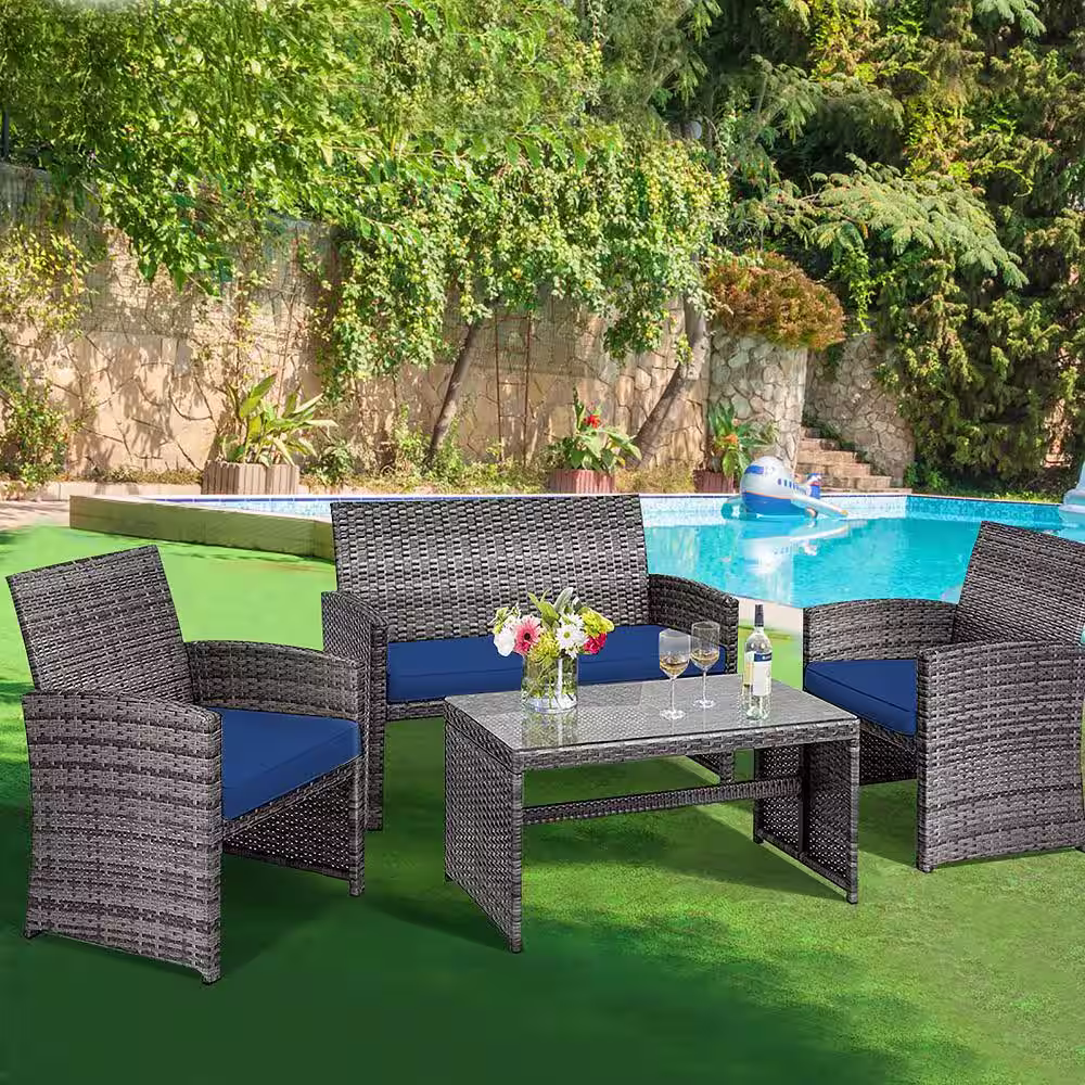 Costway 4-Piece Wicker Patio Conversation Set with Navy Cushions