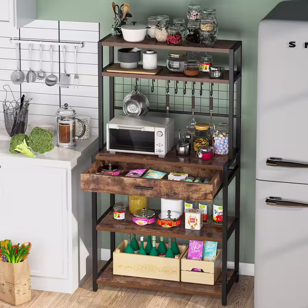 Tribesigns Kathleen 63 in. Vintage Brown Wood Kitchen Baker's Rack, 5-Tier Kitchen Utility Storage Shelf with Drawer and 8 S-Hooks