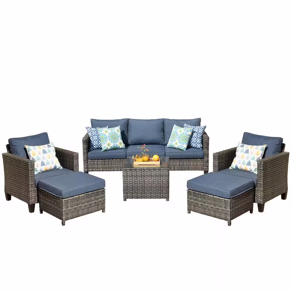 XIZZI Mars Gray 6-Piece Wicker Outdoor Patio Conversation Seating Set with Denim Blue Cushions