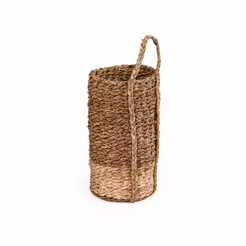Zentique Two-Toned Hand Woven Cylindrical Wicker Seagrass and Corn Husk Medium Large Basket with Single Handle