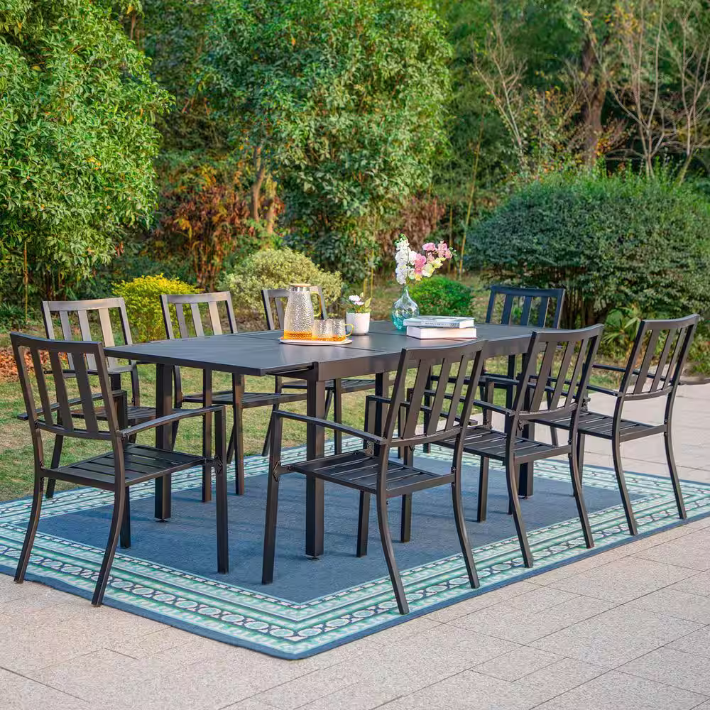 None 9-Piece Metal Outdoor Dining Set with Extensible Rectangular Carve Pattern Table and Modern Stackable Chairs