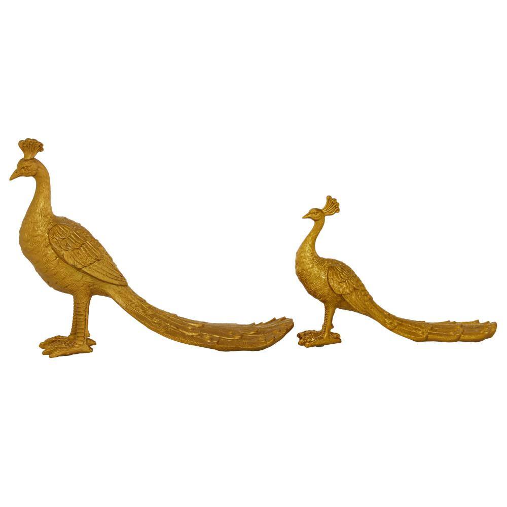 Litton Lane Gold Resin Peacock Sculpture (Set of 2)