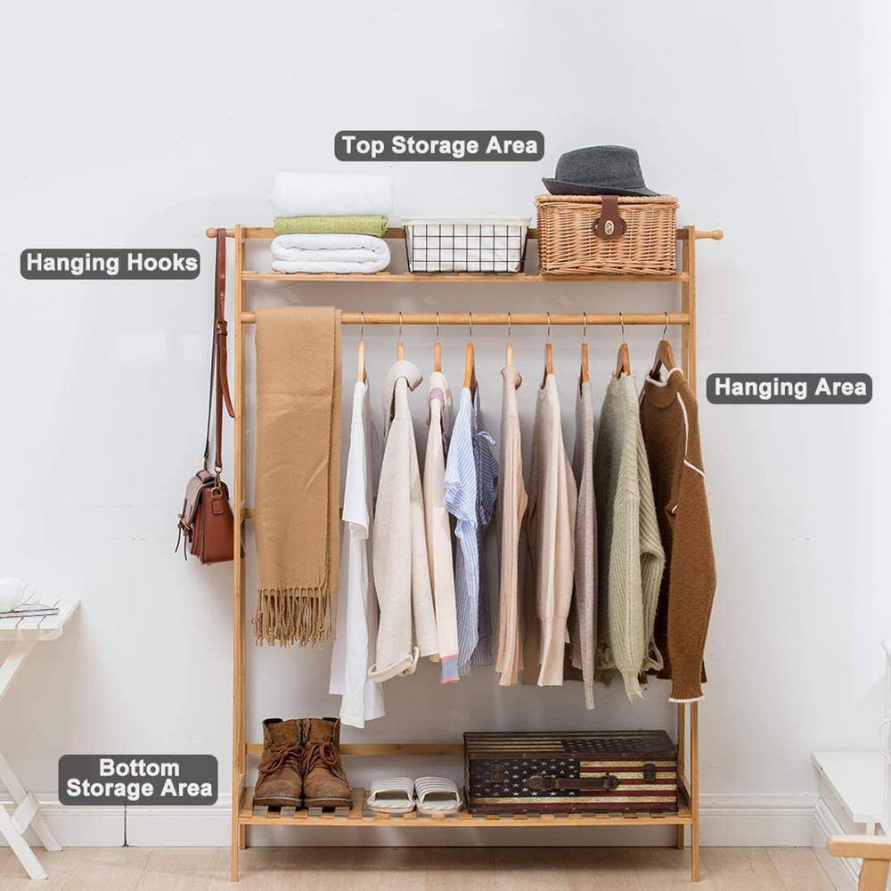 None Natural Bamboo Garment Clothes Rack with Shelves 39.4 in. W x 54.7 in. H