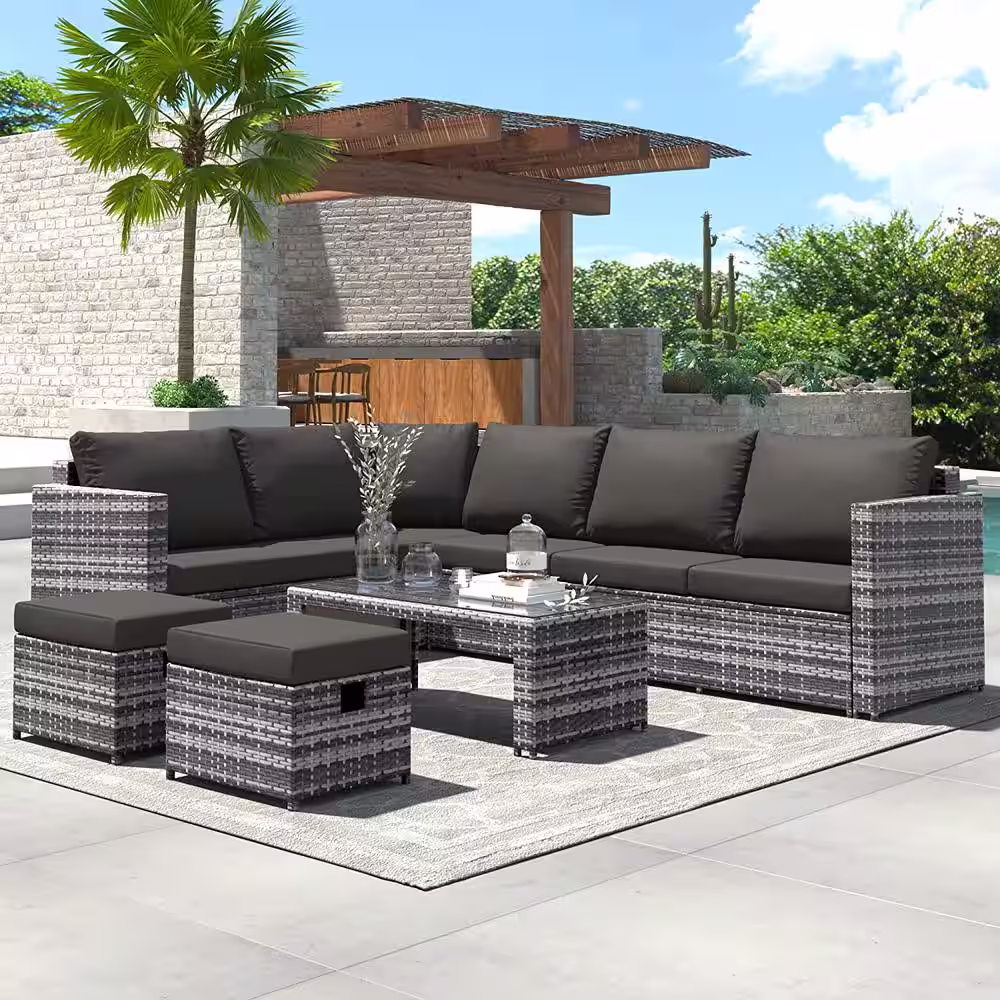 None 7-Piece Outdoor PE Rattan Wicke Patio Conversation Set Clearance with Gray Cushions