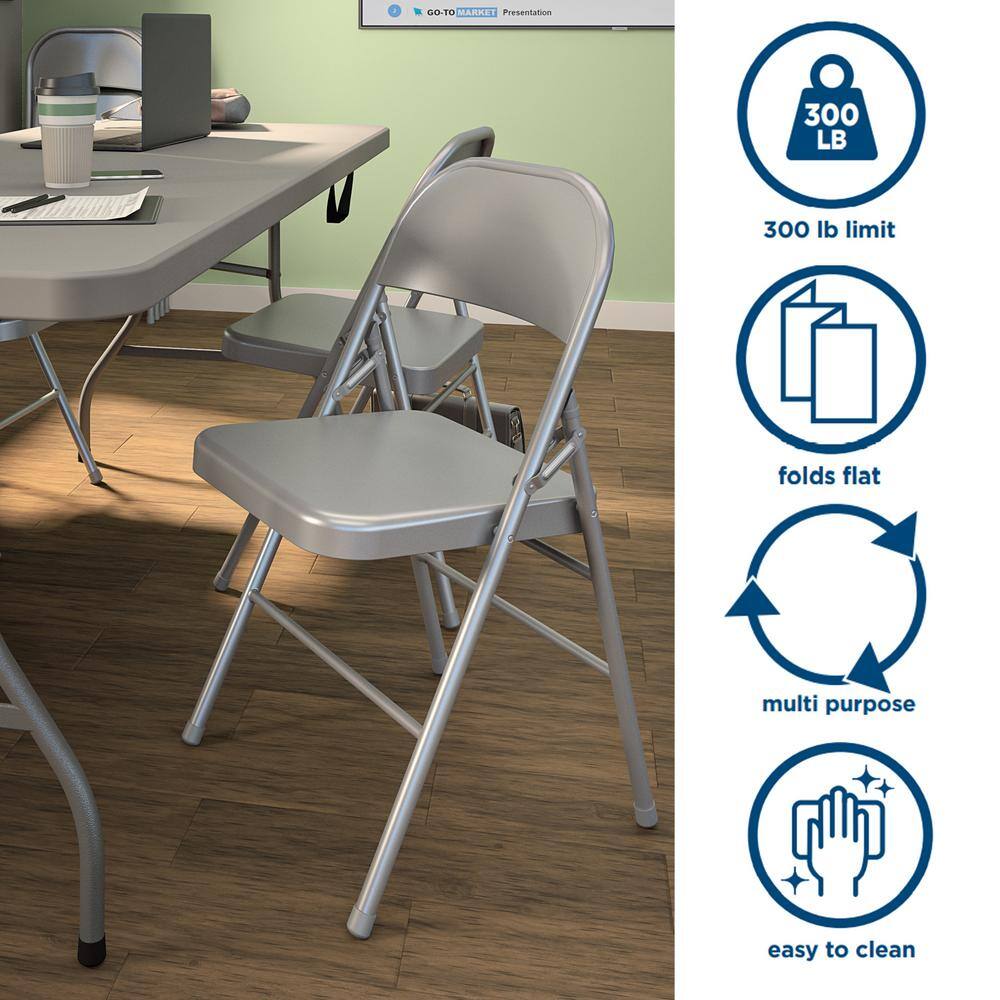 Cosco Bridgeport XL All-Steel Commercial Folding Chair, 300 lb. Weight Rating, Triple Brace, Gray, 4-Pack