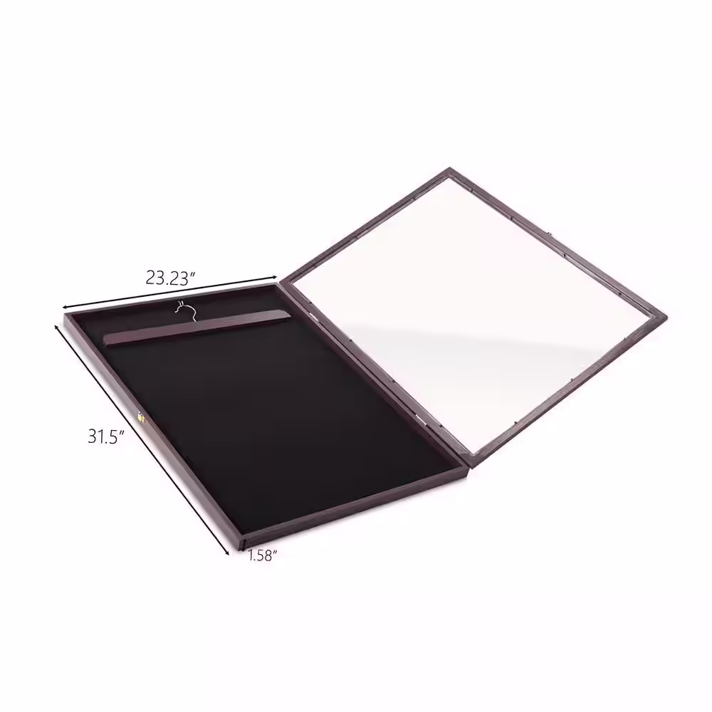 None 31.3 in. H x 23.23 in. W x 1.58 in. D Dark Brown Pine Wood Wall Display Frame Case Clothes Rack with Hangers