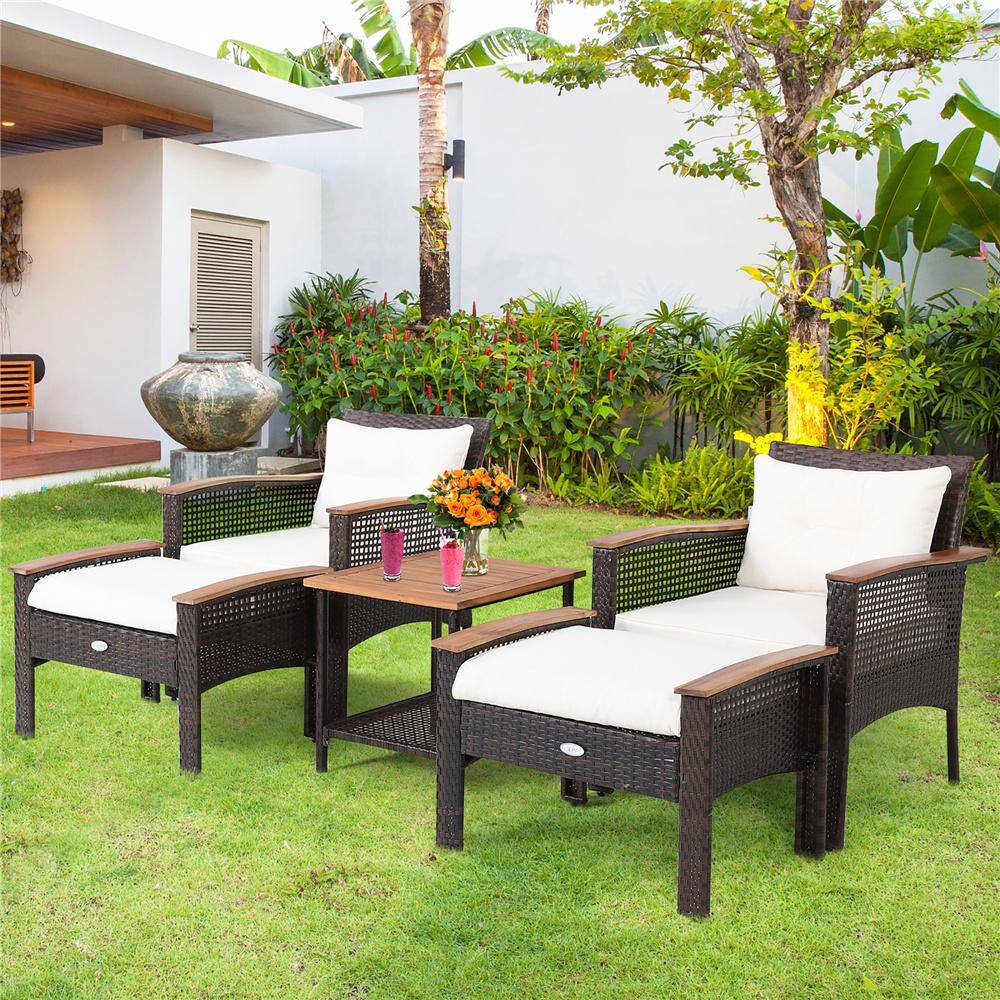 Costway 5-Piece Patio Rattan Furniture Set Acacia Wood Table Armrest Cushion Yard in Off White