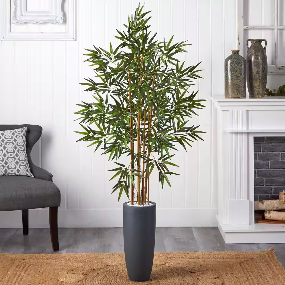 Nearly Natural Indoor Bamboo Artificial Tree in Gray Cylinder Planter