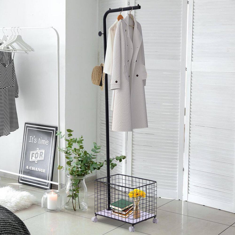 None Black Metal Clothes Rack with Storage Basket 17.7 in. W x 68.9 in. H