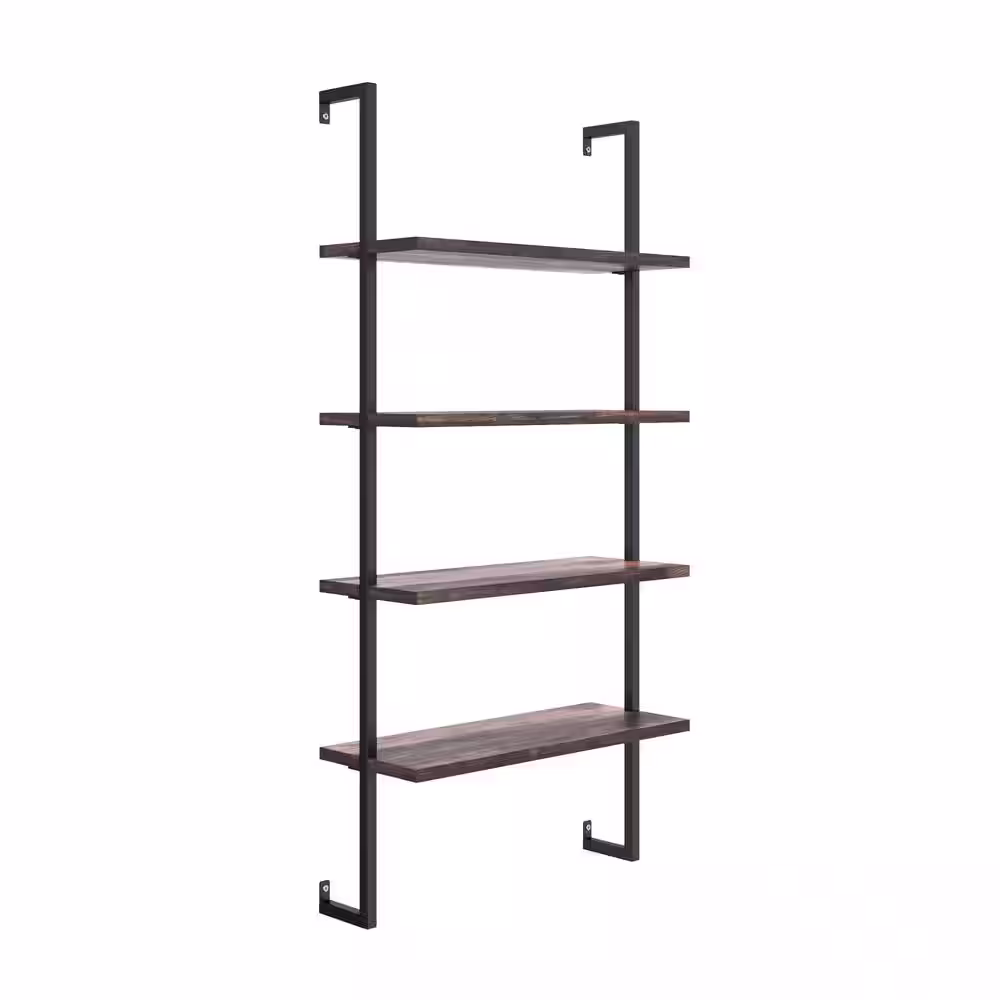 Nathan James Theo Nutmeg Brown 4-Shelf Wood 64 in. Black Pipe Metal Frame Floating Wall Mount Shelves Bookcase