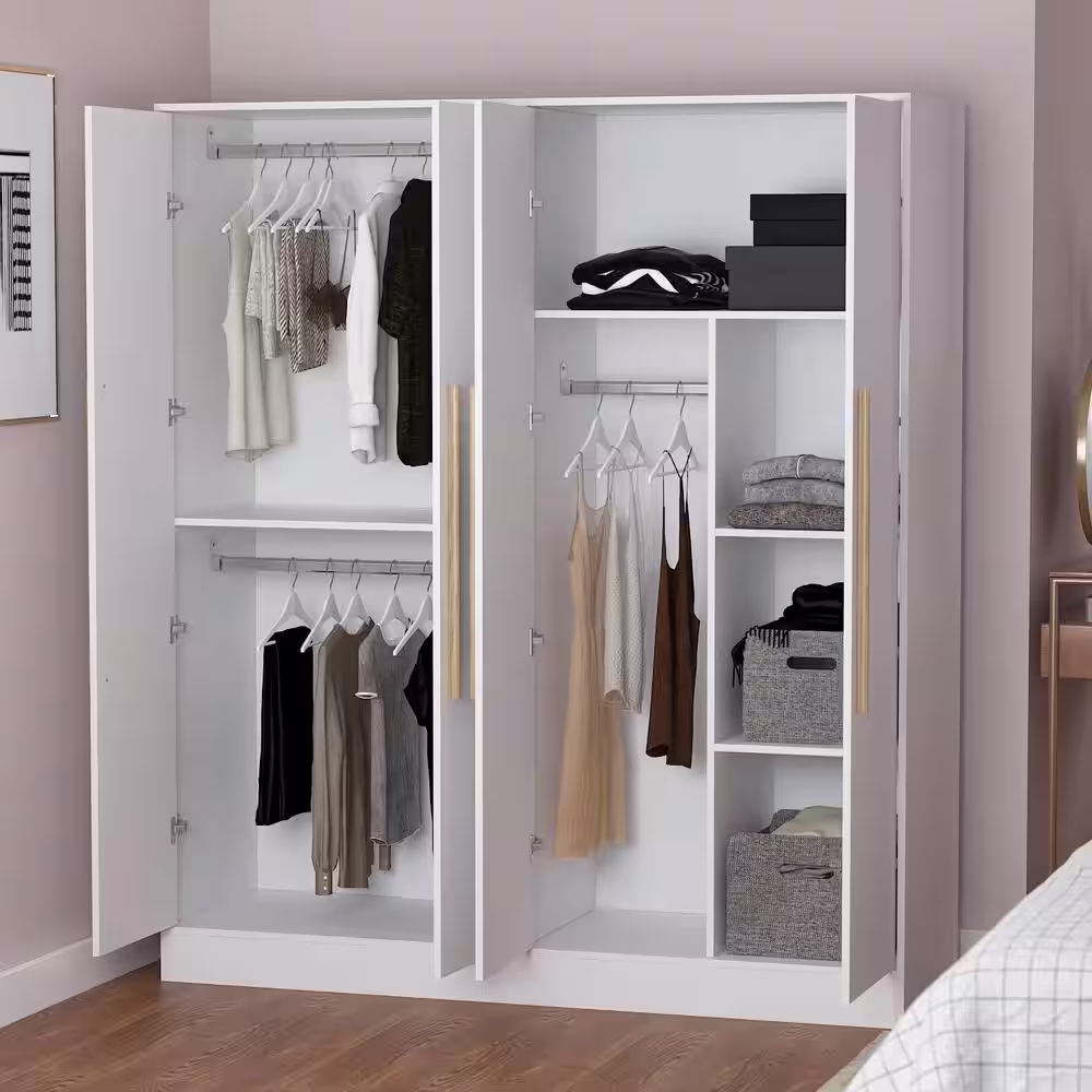 None White 4-Door Wardrobe Armoires with Hanging Rod and Storage Shelves (70.9 in. H x 63 in. W x 19.7 in. D)