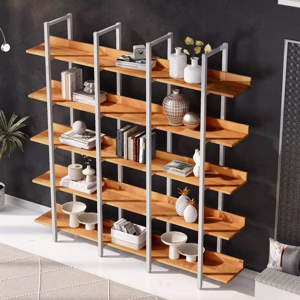 aisword Vintage Industrial 5 Tier Ladder Bookcase Open Bookshelf, MDF Board, White Metal Frame - White Frame Brown Board