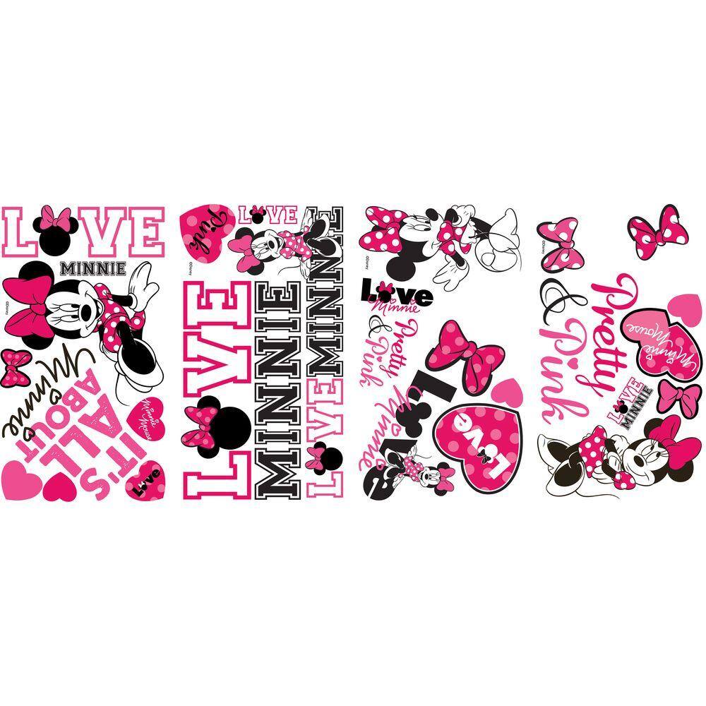 RoomMates 10 in. x 18 in. Mickey and Friends - Minnie Loves Pink 28-Piece Peel and Stick Wall Decals