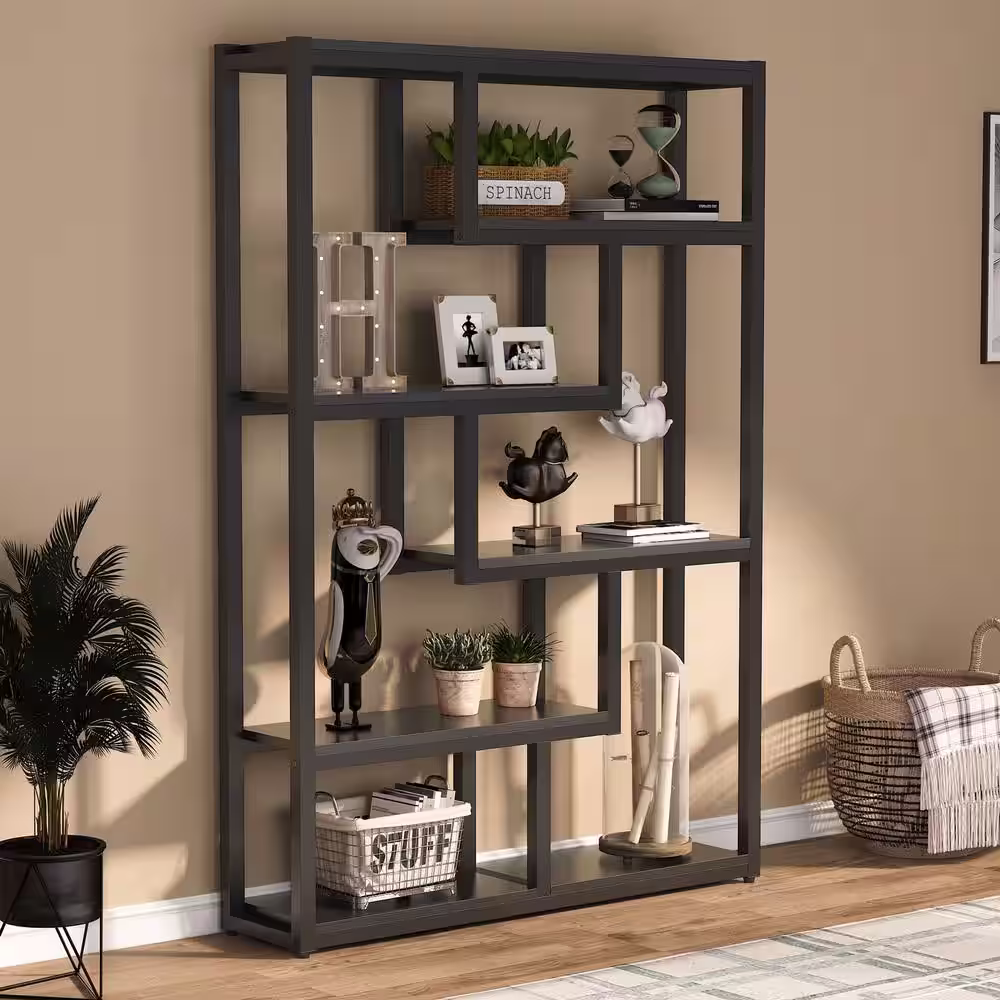 TRIBESIGNS WAY TO ORIGIN Benjamin 39.37 in. W Black Wood 6-Shelf Etagere Bookcase with Sturdy Metal Frame