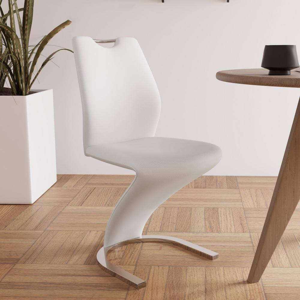 None White Leather Upholstered Mermaid-shaped Dining Chairs with Chrome Legs (Set of 4)