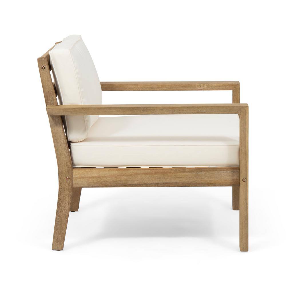 Noble House Santa Ana Brushed Light Brown 4-Piece Wood Patio Conversation Set with Cream Cushions