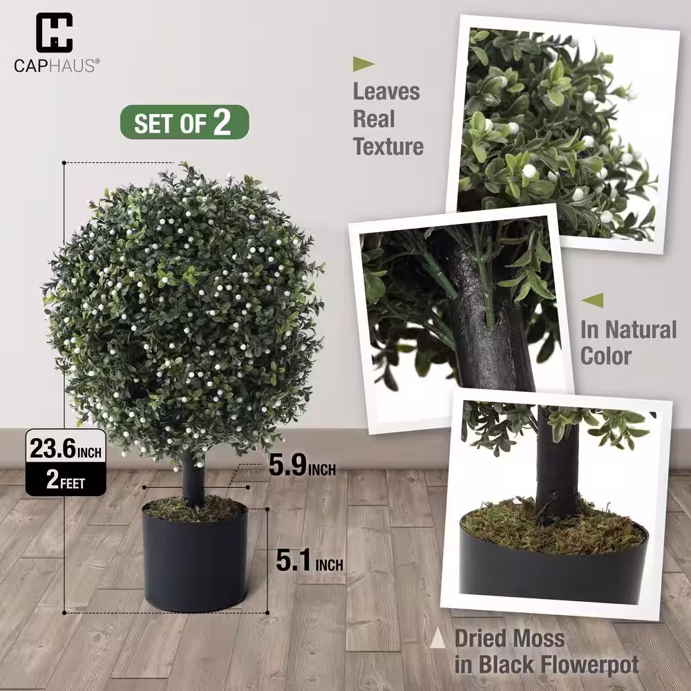 None 2 ft. Artificial Boxwood Topiary Ball Tree with White Flowers Artificial UV Resistant Bushes (Set of 2)