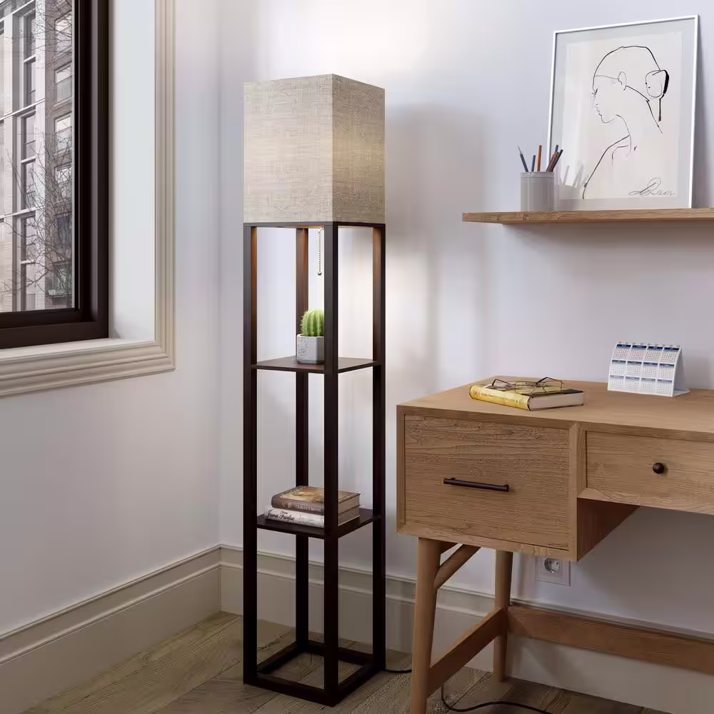 None 62.5 in. Brown Shelf Floor Lamp