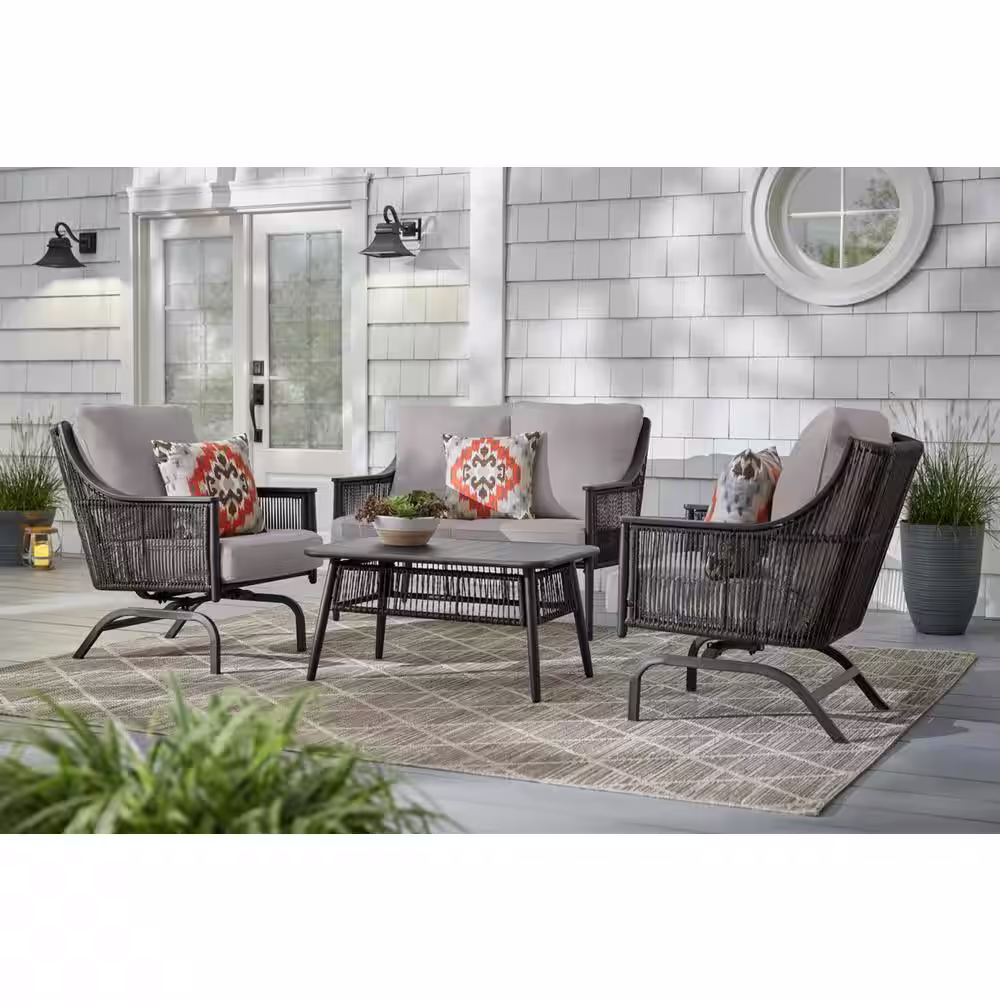 Hampton Bay Bayhurst 4-Piece Black Wicker Outdoor Patio Conversation Seating Set with CushionGuard Stone Gray Cushions