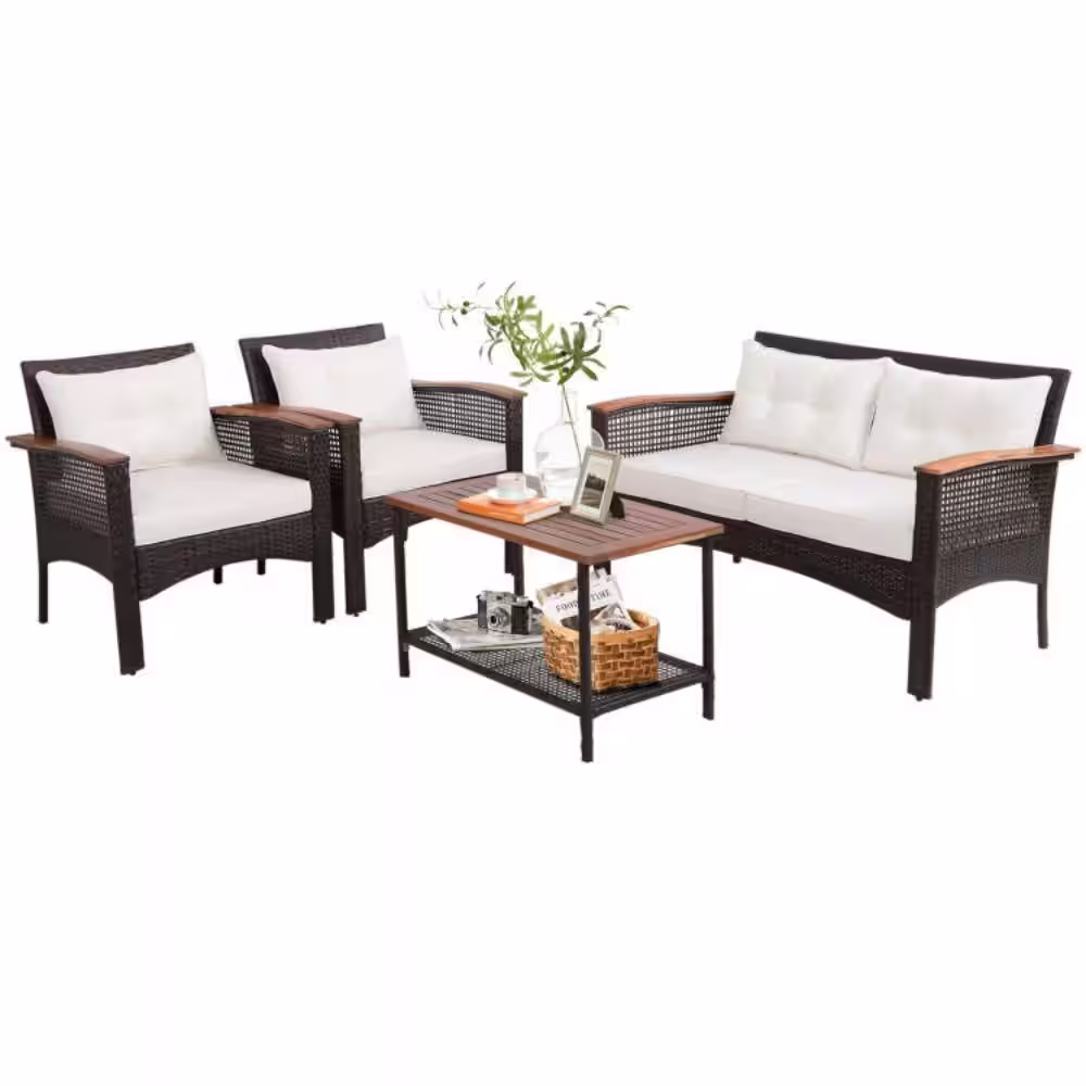 Alpulon 4-Pieces Patio Rattan Acacia Wood Patio Conversation Set with White Cushions