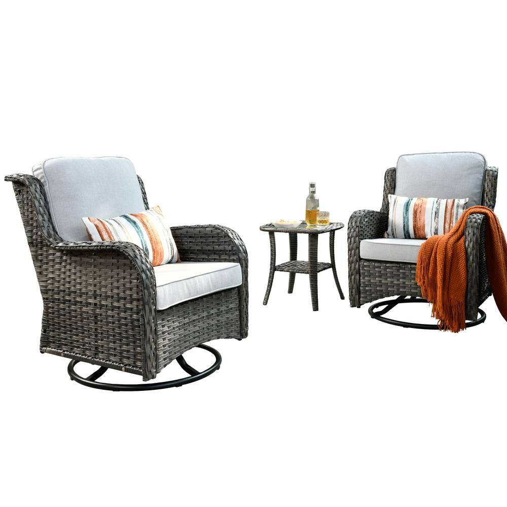 HOOOWOOO Oreille Grey 3-Piece Wicker Outdoor Patio Conversation Swivel Chair Set with a Side Table and Light Grey Cushions