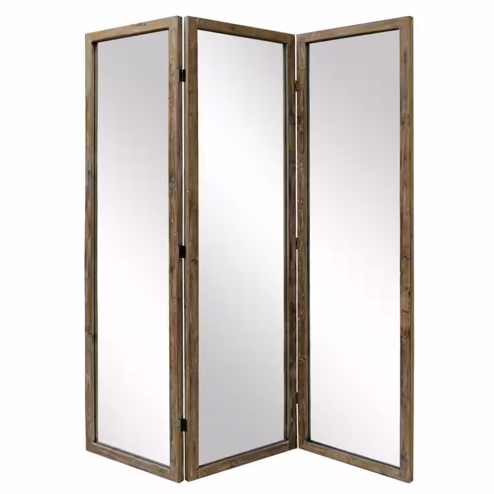 Benjara 70 in. Distressed Brown 3-Panel Mirror Room Divider with Wood Frame