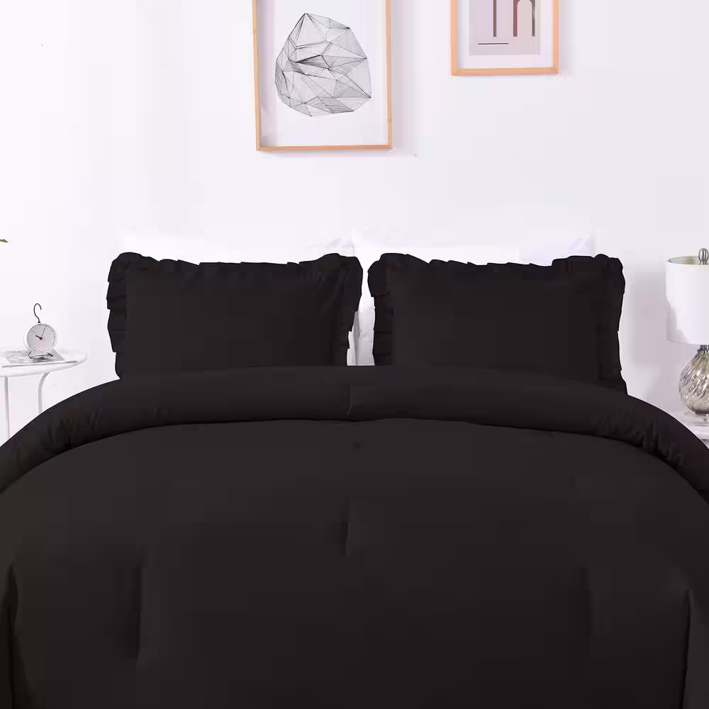 Shatex Shatex Ruffled Bed-in-A-Bag Black 7-Piece All Season Ultra Soft Polyester Queen Comforter Set with Ruffles