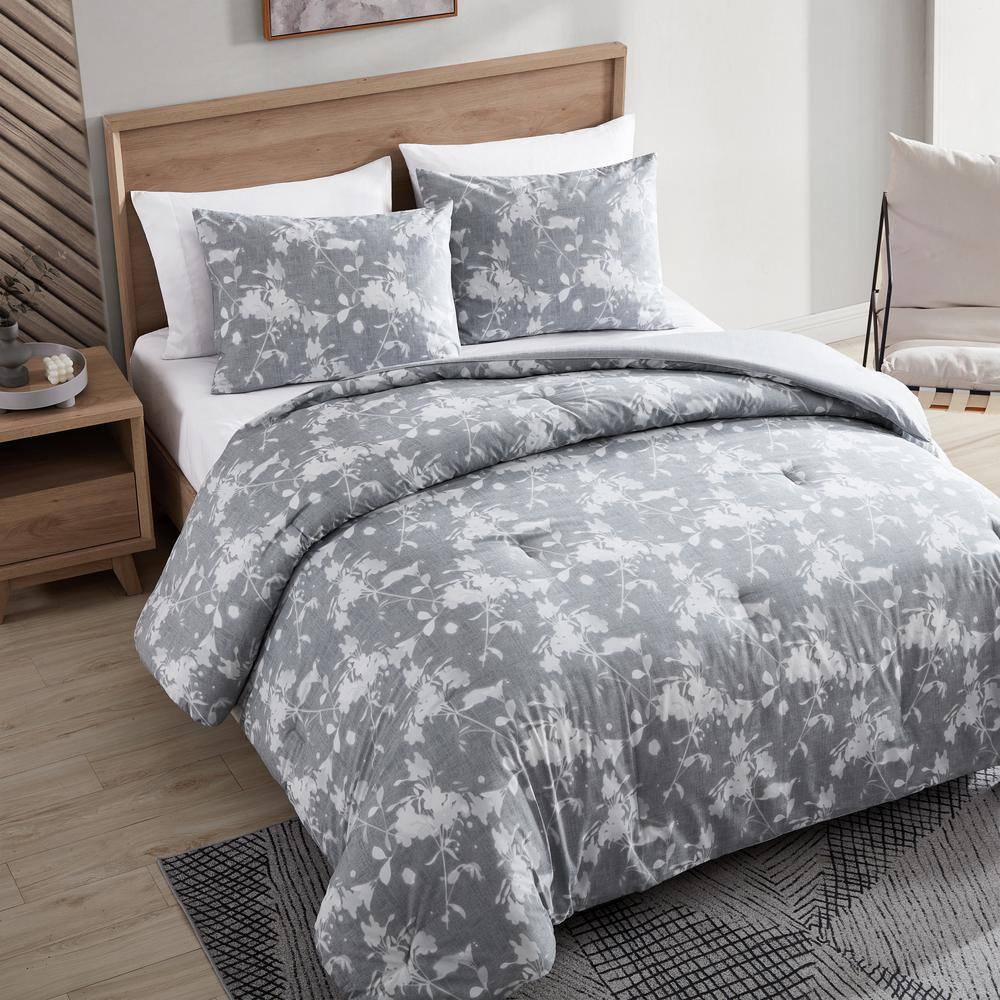 None Shadow Floral 3-Piece Gray Cotton Full/Queen Comforter Set
