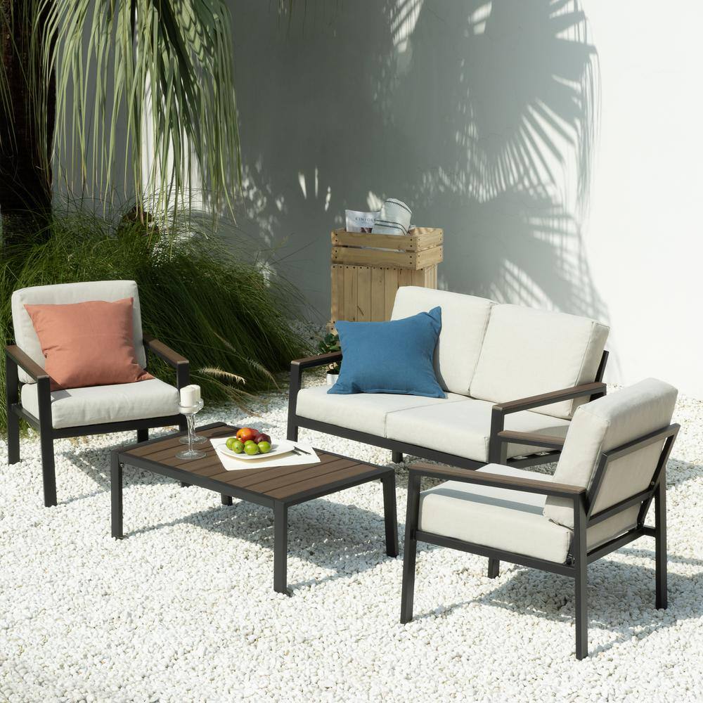 Zinus Dillon 4-Piece Black Aluminum and Poly Lumber Outdoor Conversation Set with Beige Cushion