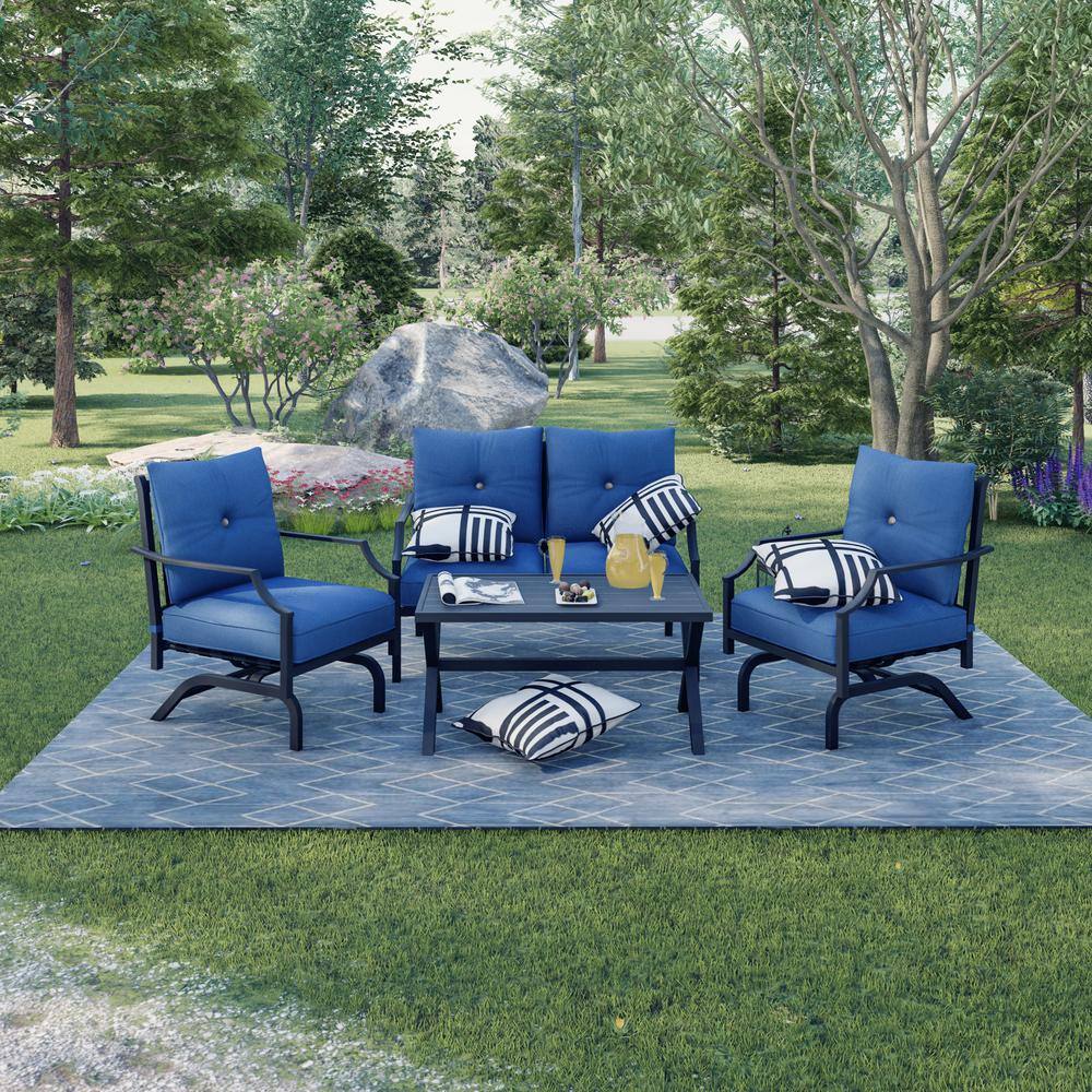 TOP HOME SPACE 4-Piece Metal Patio Conversation Set with Blue Cushions