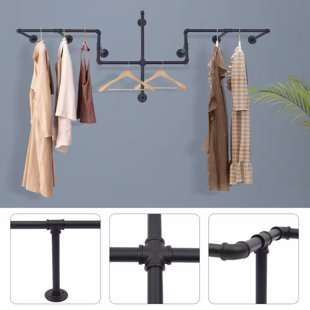 None Black Iron Wall Mounted Clothes Rack 85.83 in. W x 30.71 in. H