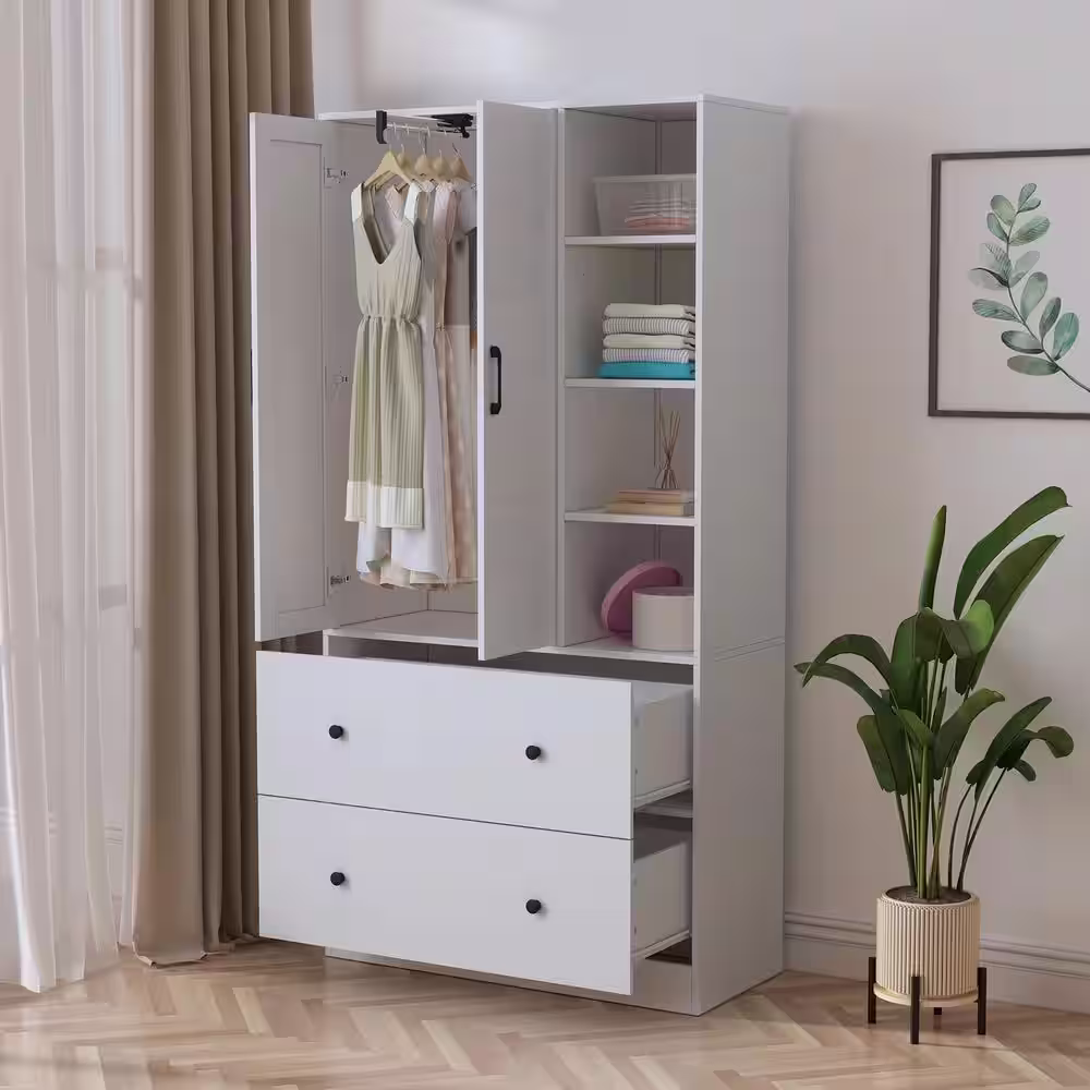 None White Wood Armoires Wardrobe W/Mirror, Pulling Hanging Rod, Drawers, Shelves 15.8 in. D x 35.5 in. W x 70.8 in. H